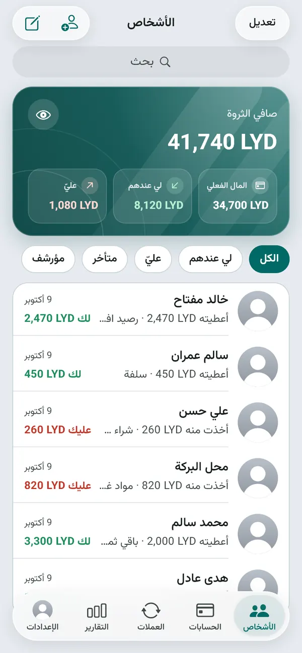 شاشة الأشخاص في ميزان: صافي الثروة، ومن لك ومن عليك (بيانات تجريبية)